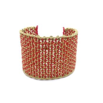 GRID Macrame Cuff Macrame βραχιόλι με κηροκλωστή και χρυσοκλωστή