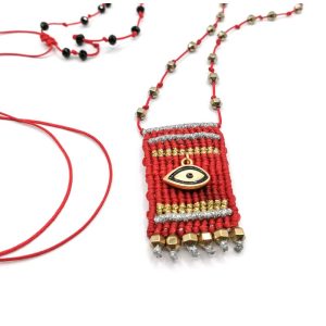 ETHNIC EYE Macrame Necklace Macrame κολιέ τύπου "φυλακτό" με ατσάλινο στοιχείο "μάτι" και αιματίτες