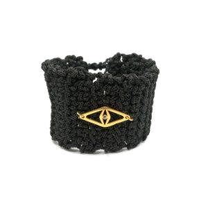 THE EYE Knitted Bracelet Βραχιόλι πλεκτό (βελονάκι) με ατσάλινο στοιχείο σε σχήμα "μάτι" και ζιργκόν